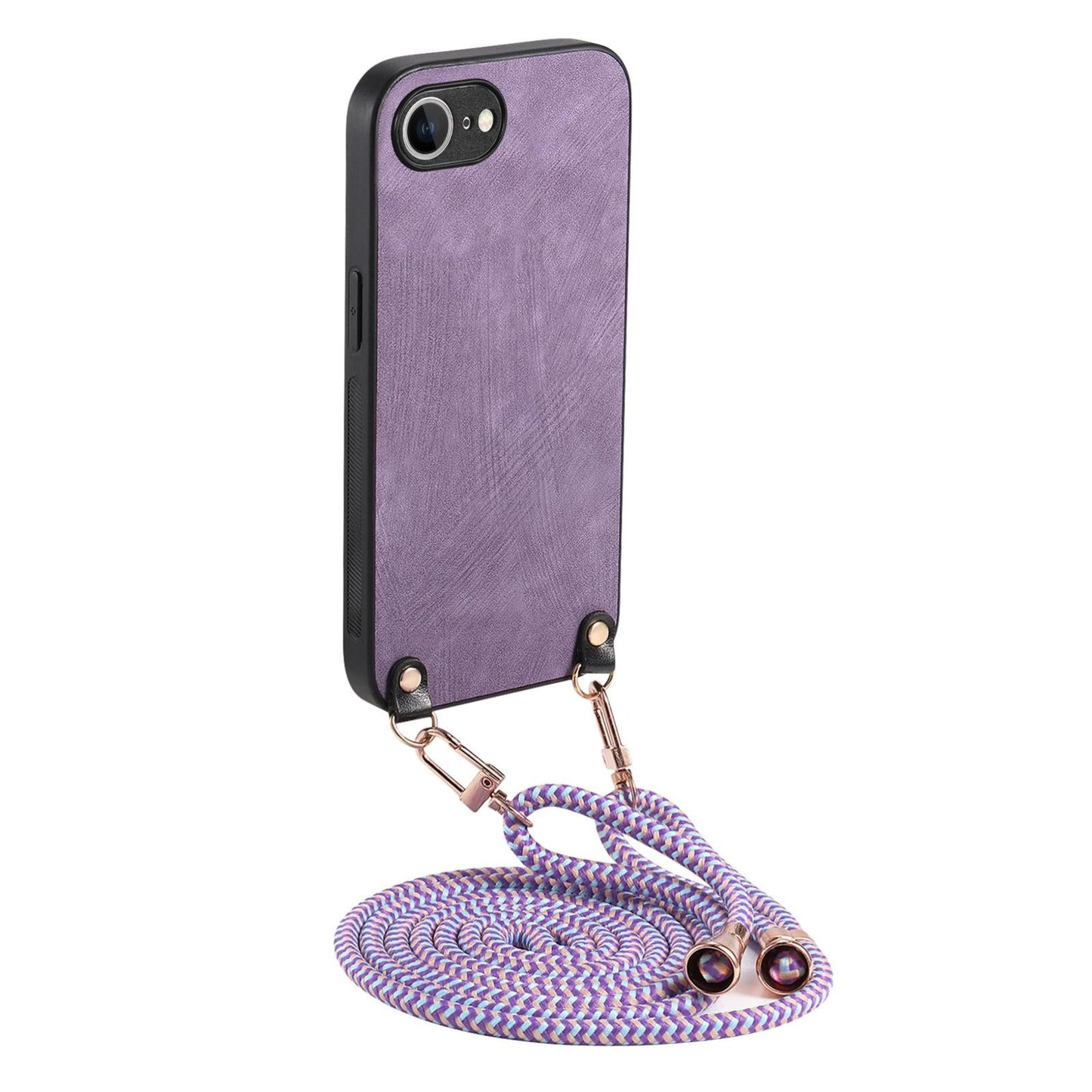 For  iPhone 16e Vintage Leather PC Back Cover Phone Case with Crossbody Strap(Purple)