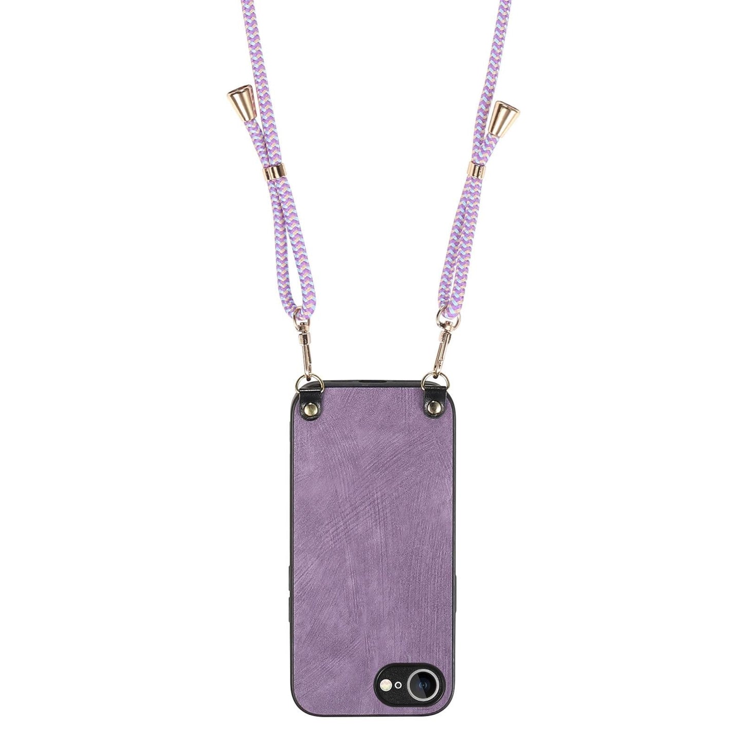 For  iPhone 16e Vintage Leather PC Back Cover Phone Case with Crossbody Strap(Purple)