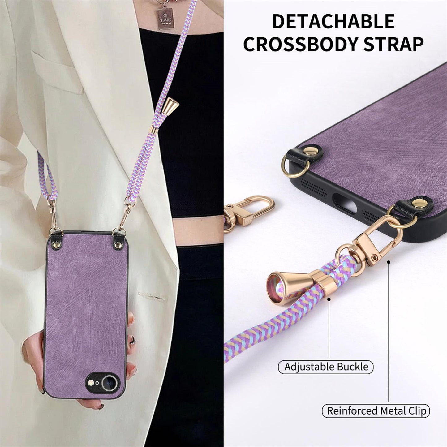 For  iPhone 16e Vintage Leather PC Back Cover Phone Case with Crossbody Strap(Purple)