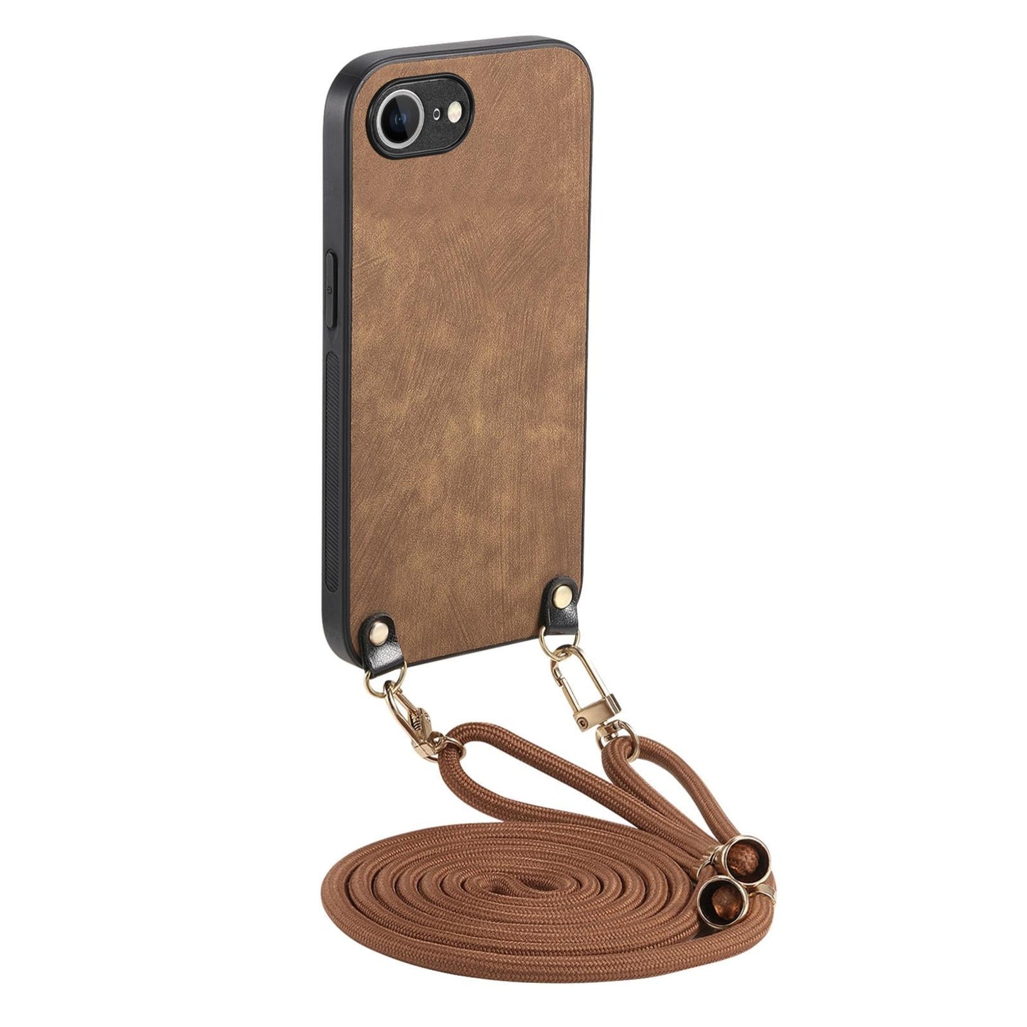 For  iPhone 16e Vintage Leather PC Back Cover Phone Case with Crossbody Strap(Brown)