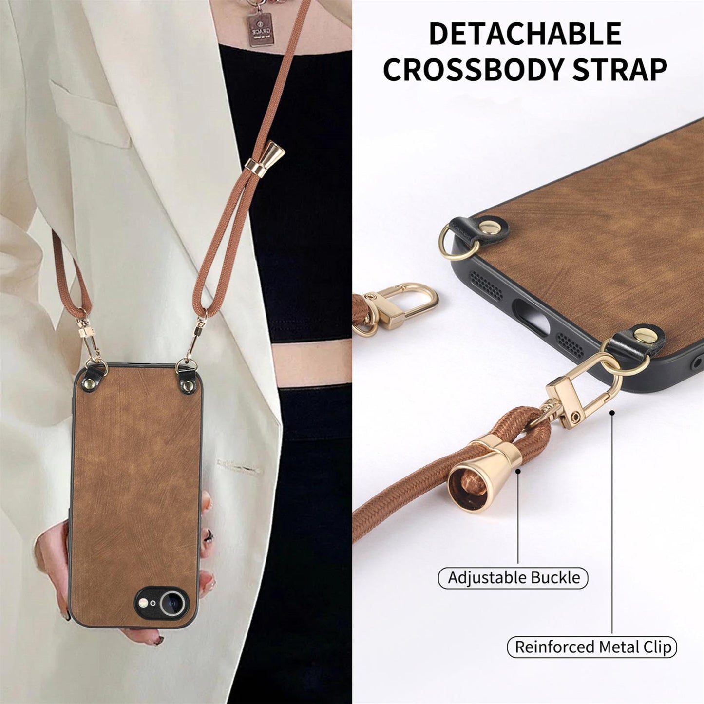 For  iPhone 16e Vintage Leather PC Back Cover Phone Case with Crossbody Strap(Brown)