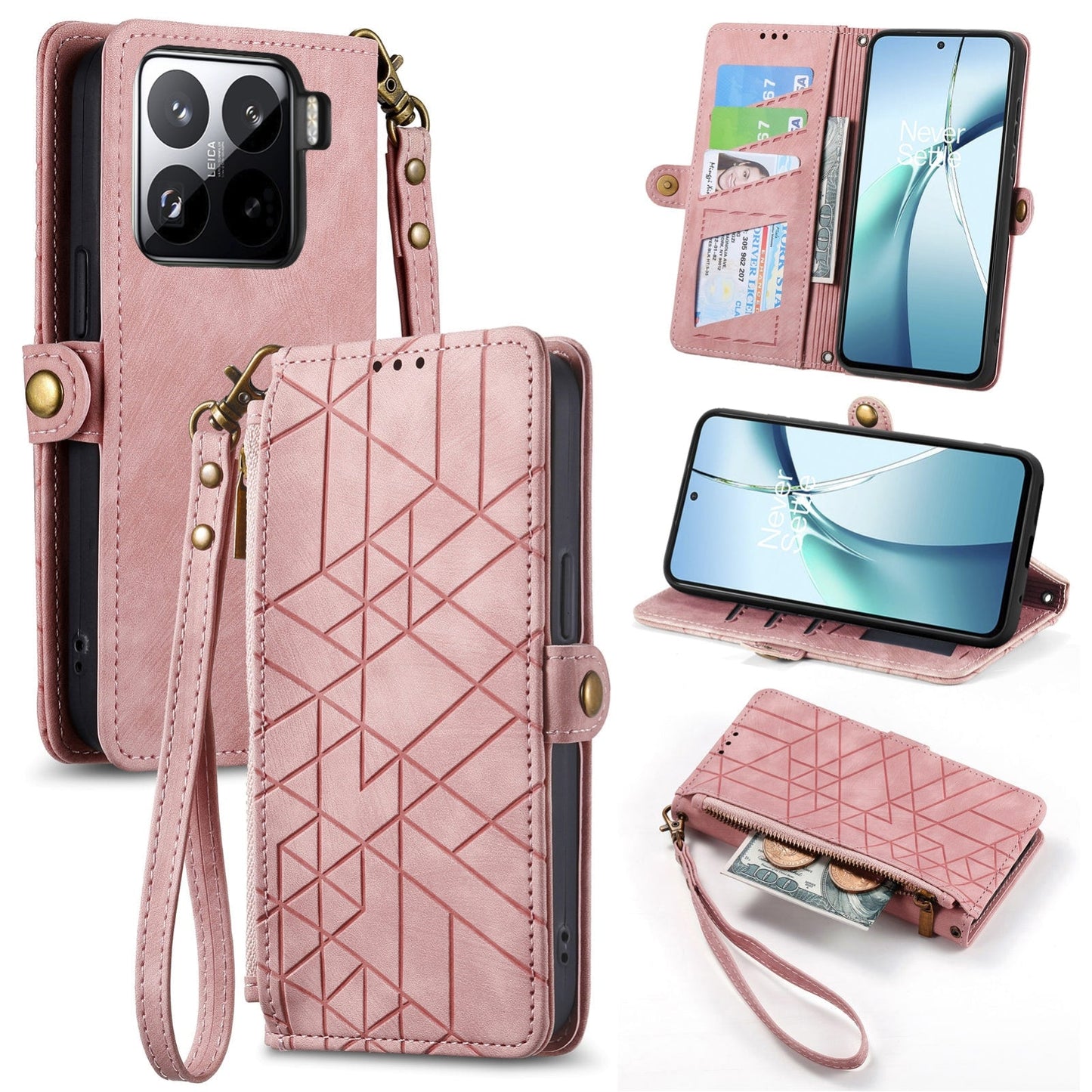 For Xiaomi 15 Pro Geometric Zipper Wallet Side Buckle Leather Phone Case(Pink)