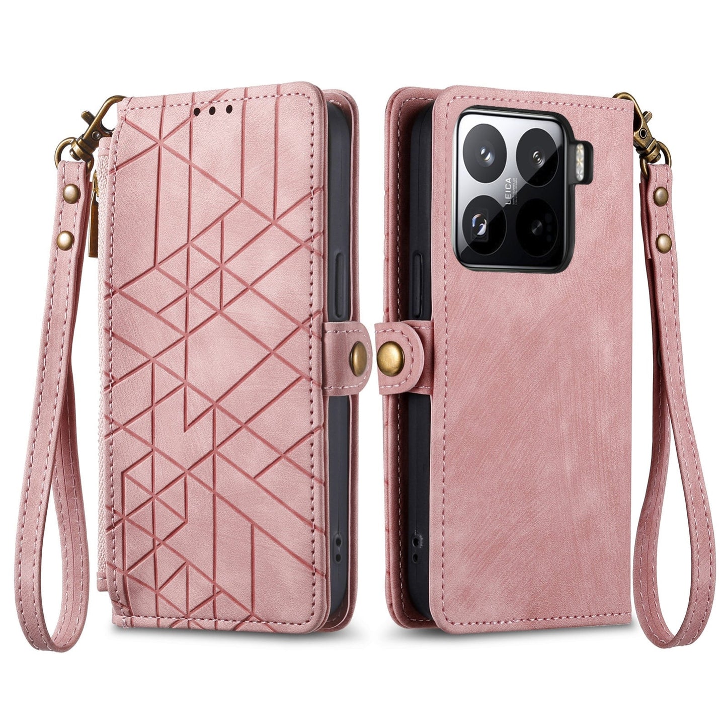 For Xiaomi 15 Pro Geometric Zipper Wallet Side Buckle Leather Phone Case(Pink)