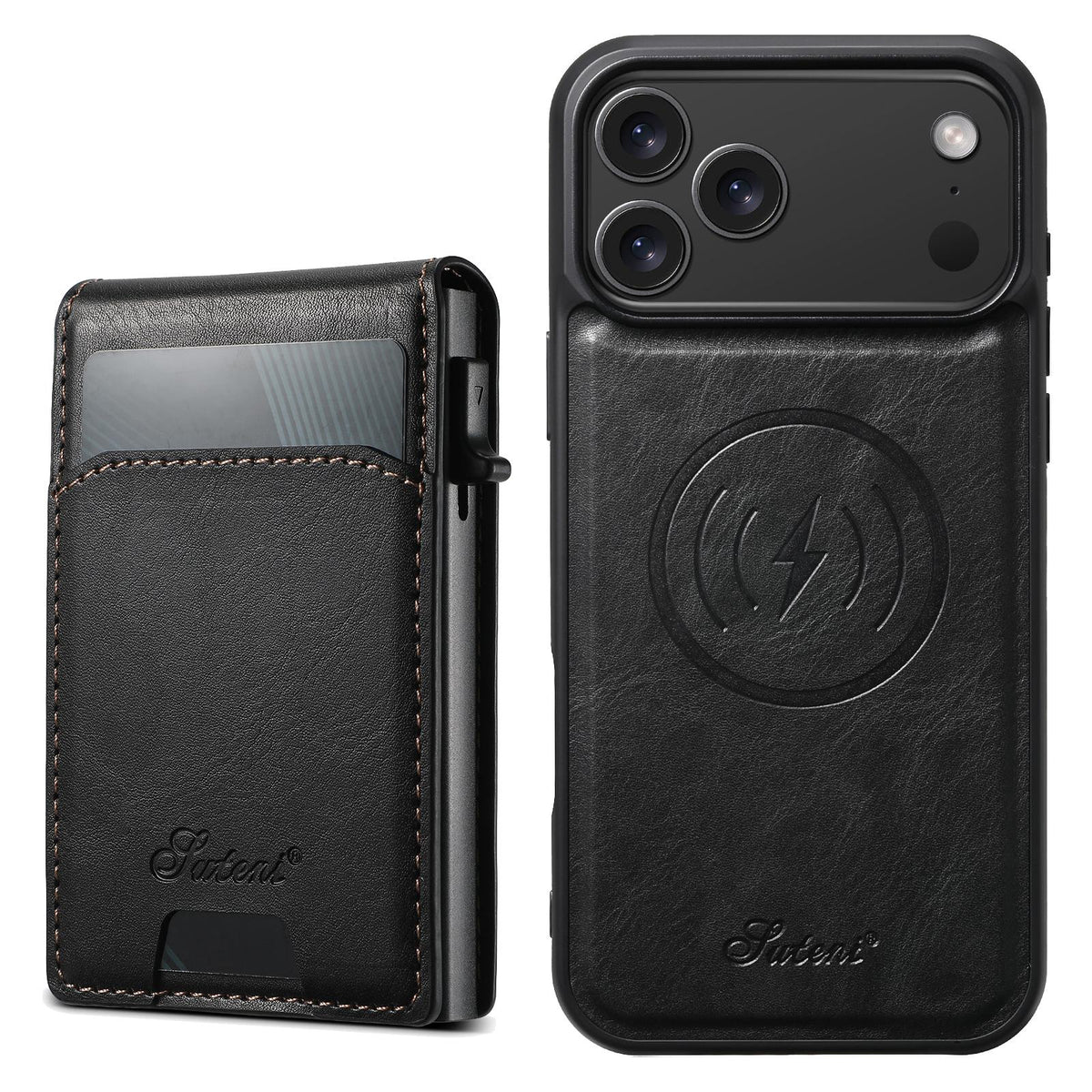 Compatible with iPhone 18 Pro Max Suteni H19 Oil Wax 2-in-1 MagSafe Removable Card Box Back Phone Case - Black