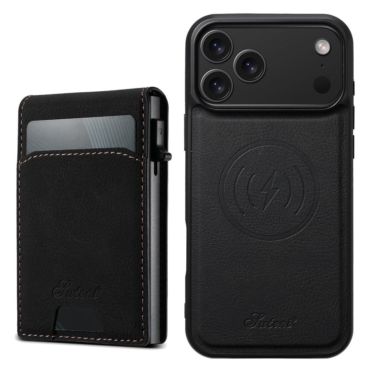 Compatible with iPhone 18 Pro Max Suteni H19 Litchi Grain 2-in-1 MagSafe Removable Card Box Back Phone Case - Black