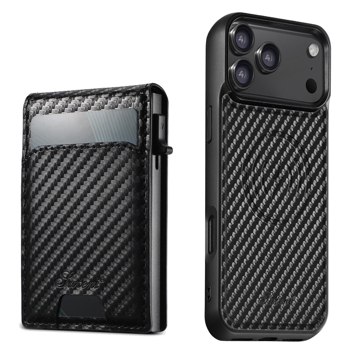 Compatible with iPhone 18 Pro Max Suteni H19 Carbon Fiber Grain 2-in-1 MagSafe Removable Card Box Back Phone Case - Black