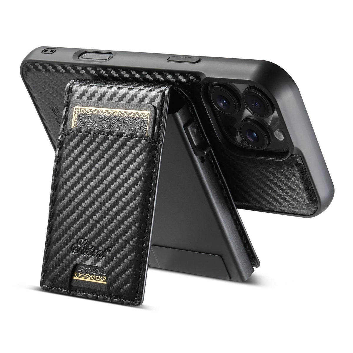 Compatible with iPhone 18 Pro Max Suteni H19 Carbon Fiber Grain 2-in-1 MagSafe Removable Card Box Back Phone Case - Black