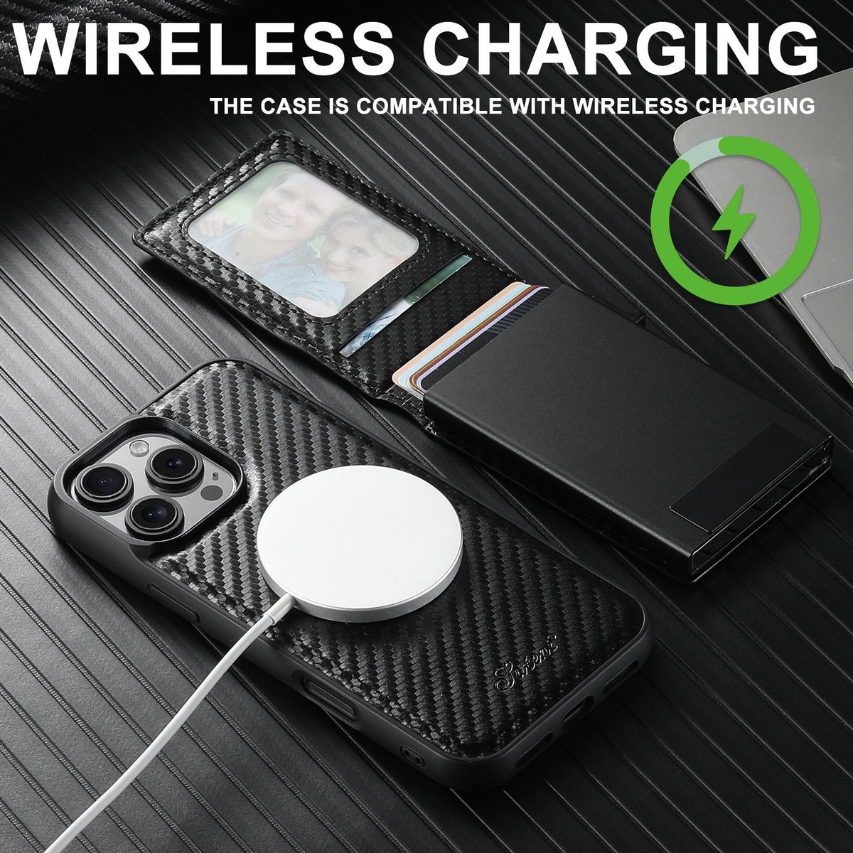 Compatible with iPhone 18 Pro Max Suteni H19 Carbon Fiber Grain 2-in-1 MagSafe Removable Card Box Back Phone Case - Black