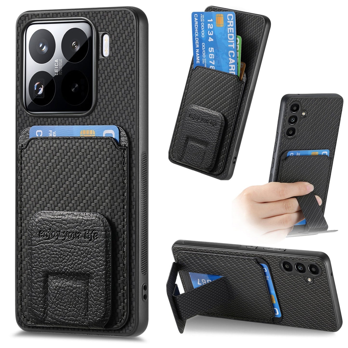 For Xiaomi 15 Carbon Fiber Card Bag Fold Stand Phone Case(Black)