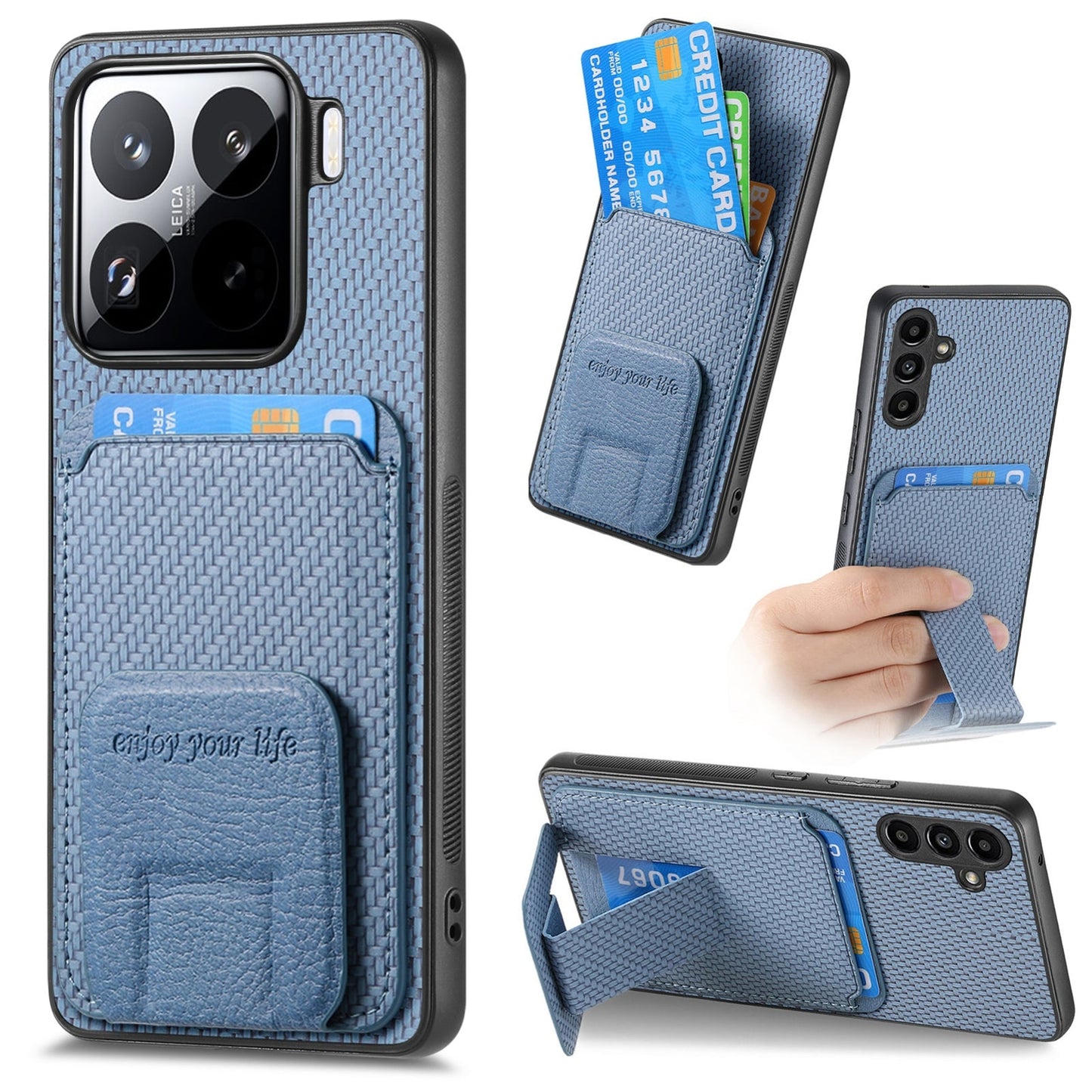For Xiaomi 15 Pro Carbon Fiber Card Bag Fold Stand Phone Case(Blue)