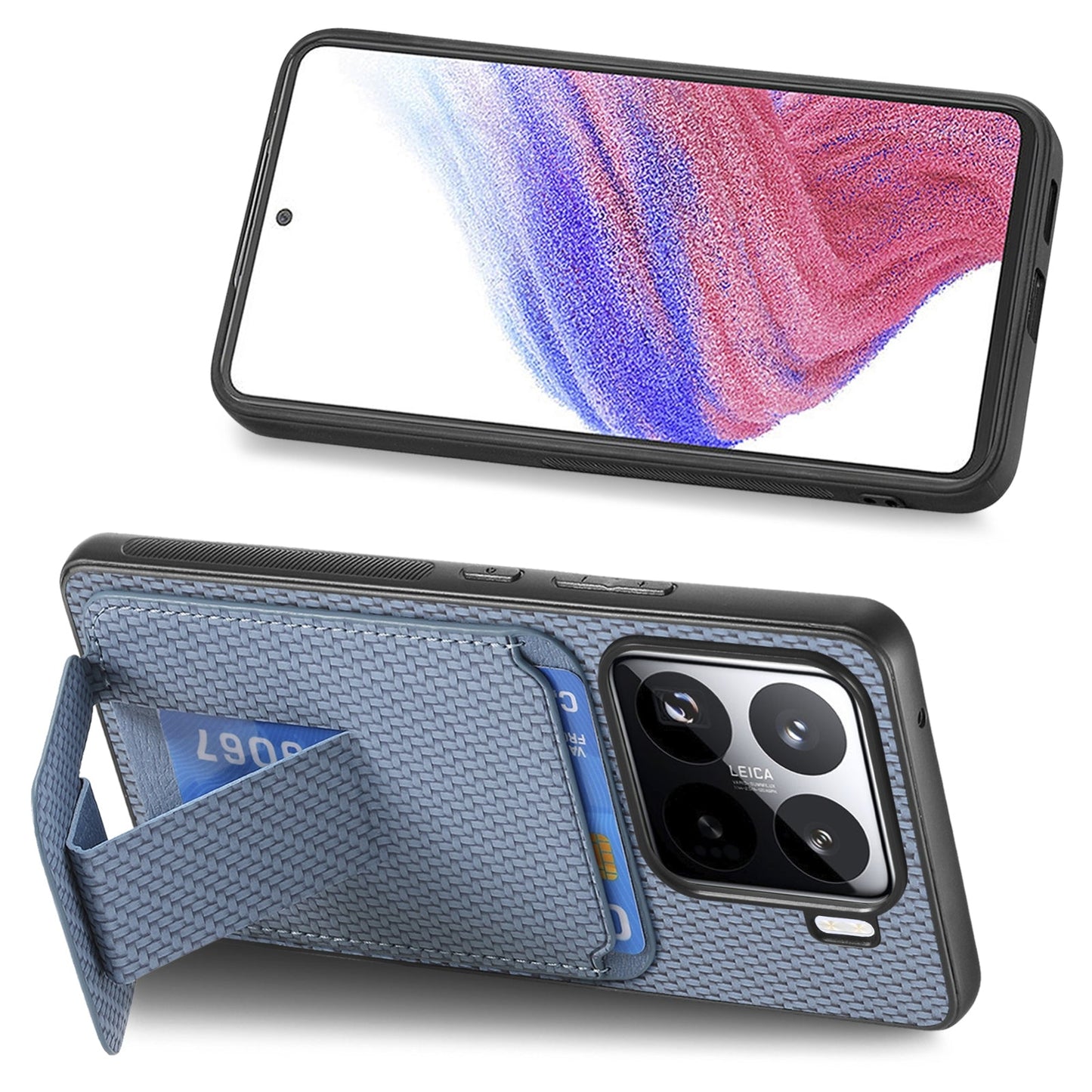 For Xiaomi 15 Pro Carbon Fiber Card Bag Fold Stand Phone Case(Blue)