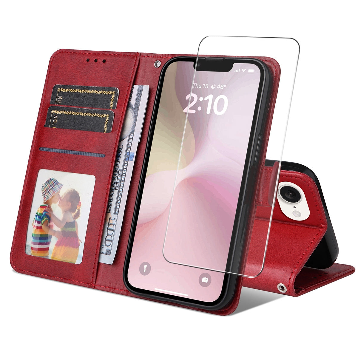 For iPhone 16e ENKAY Card Wallet Calf Texture Leather Phone Case with Screen Film(Red)