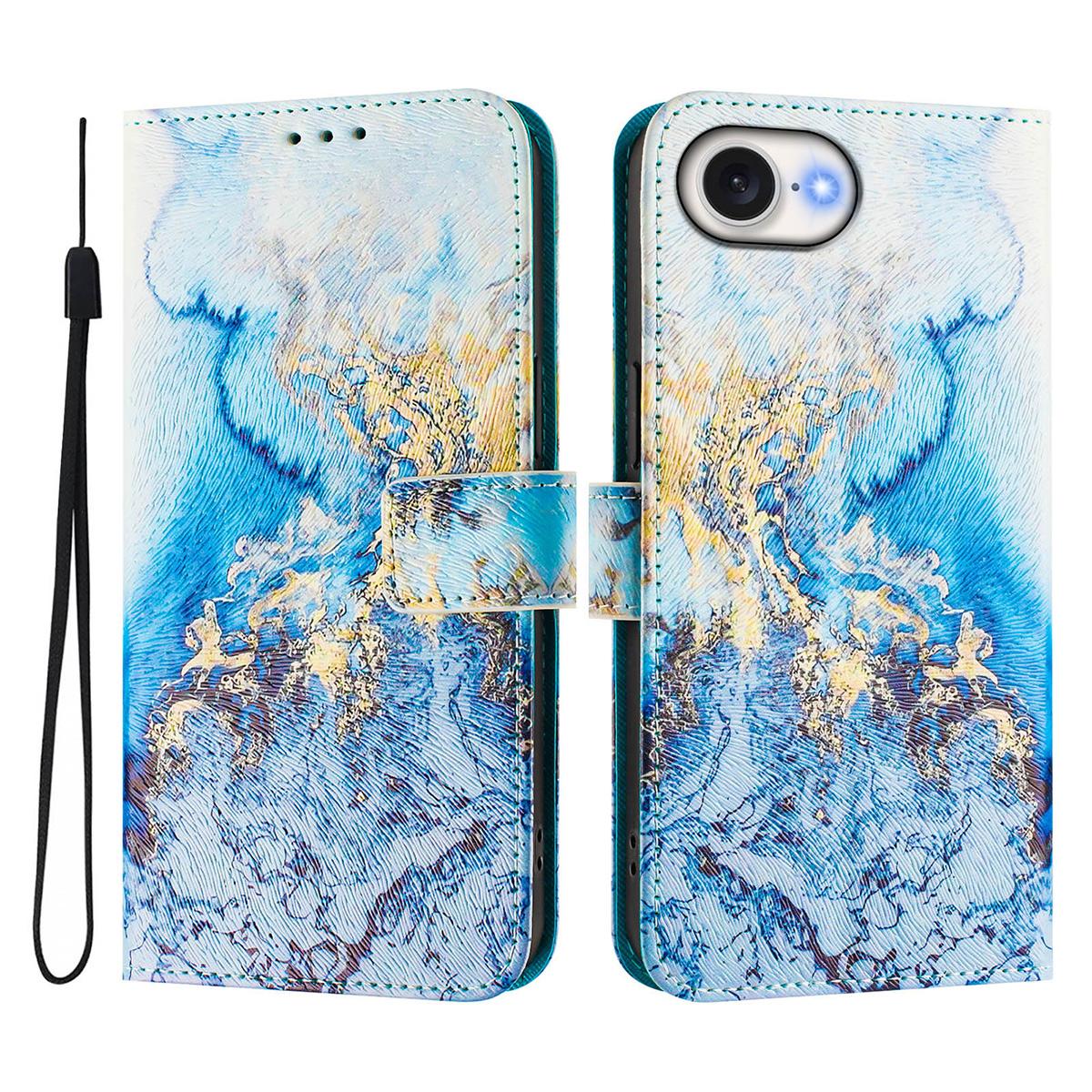 For iPhone 16e ENKAY Painted Leather Phone Case with Card Slots ? Holder(Ocean Marble Pattern)
