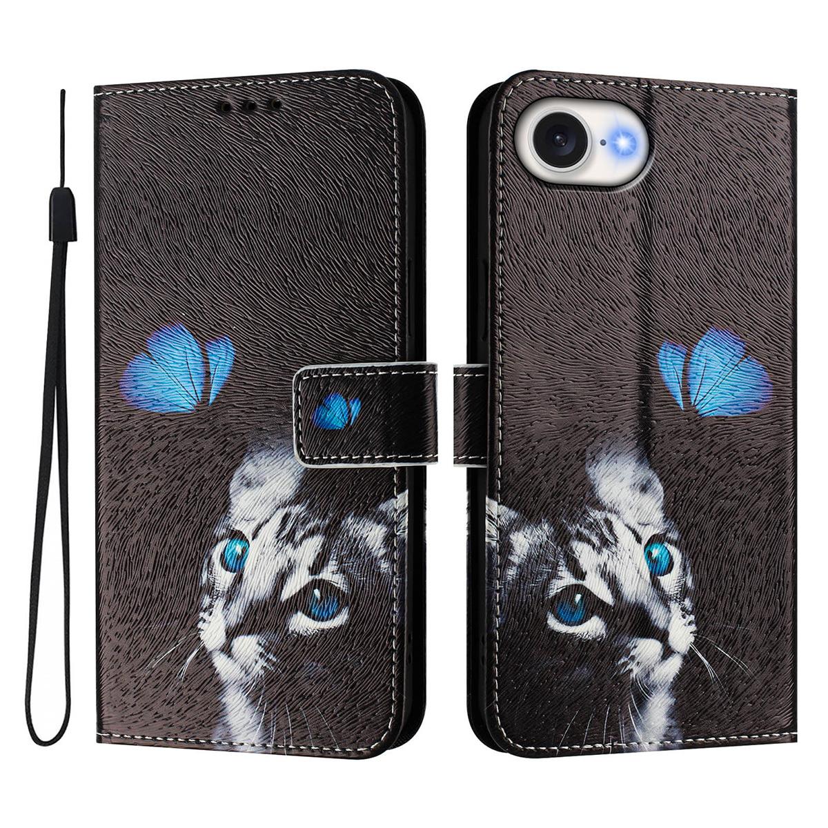 For iPhone 16e ENKAY Painted Leather Phone Case with Card Slots ? Holder(Cat Pattern)