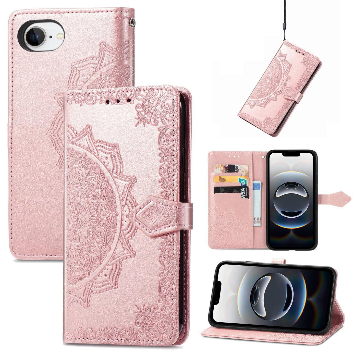 For iPhone 16e Mandala Flower Embossed Leather Phone Case(Rose Gold)