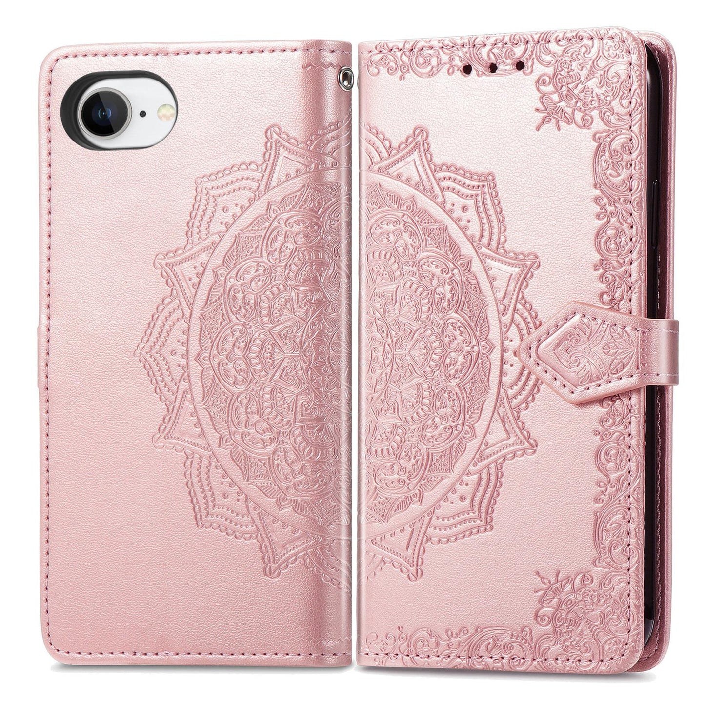 For iPhone 16e Mandala Flower Embossed Leather Phone Case(Rose Gold)