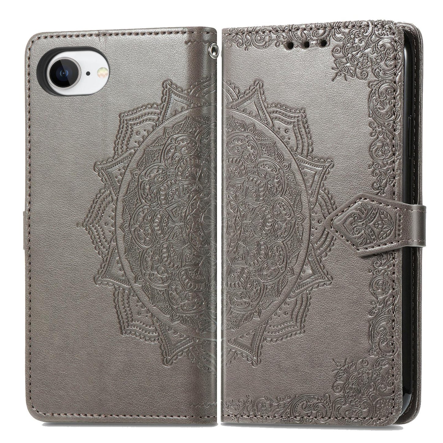 For iPhone 16e Mandala Flower Embossed Leather Phone Case(Gray)