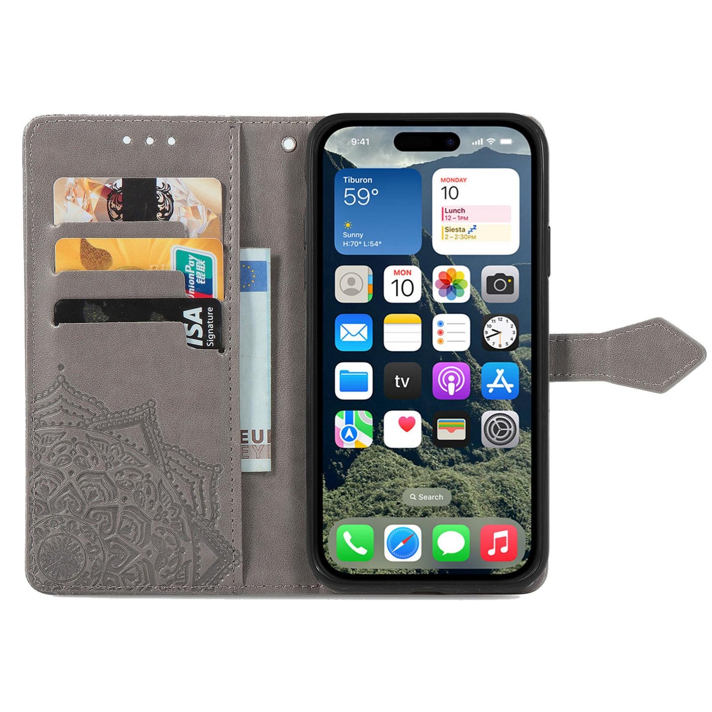 For iPhone 16e Mandala Flower Embossed Leather Phone Case(Gray)
