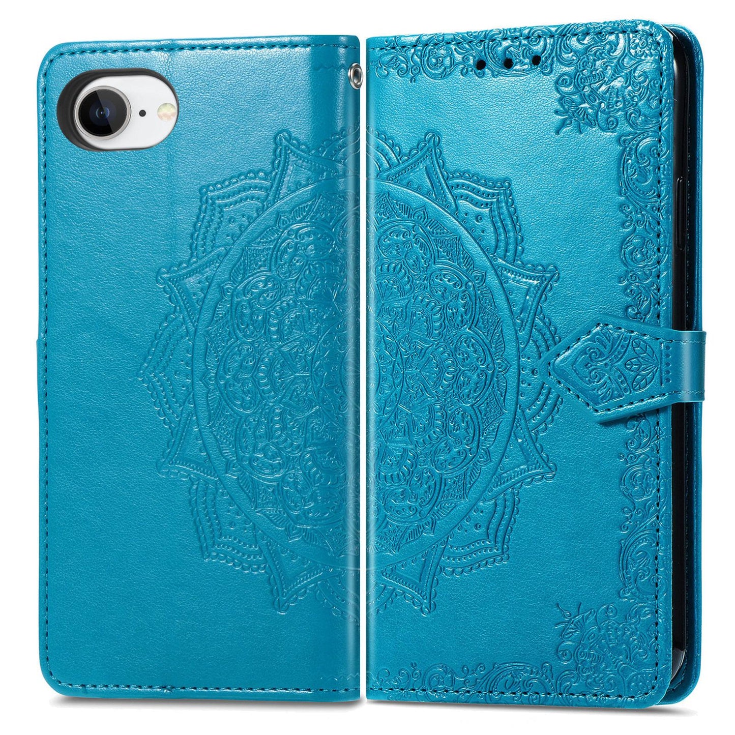 For iPhone 16e Mandala Flower Embossed Leather Phone Case(Blue)