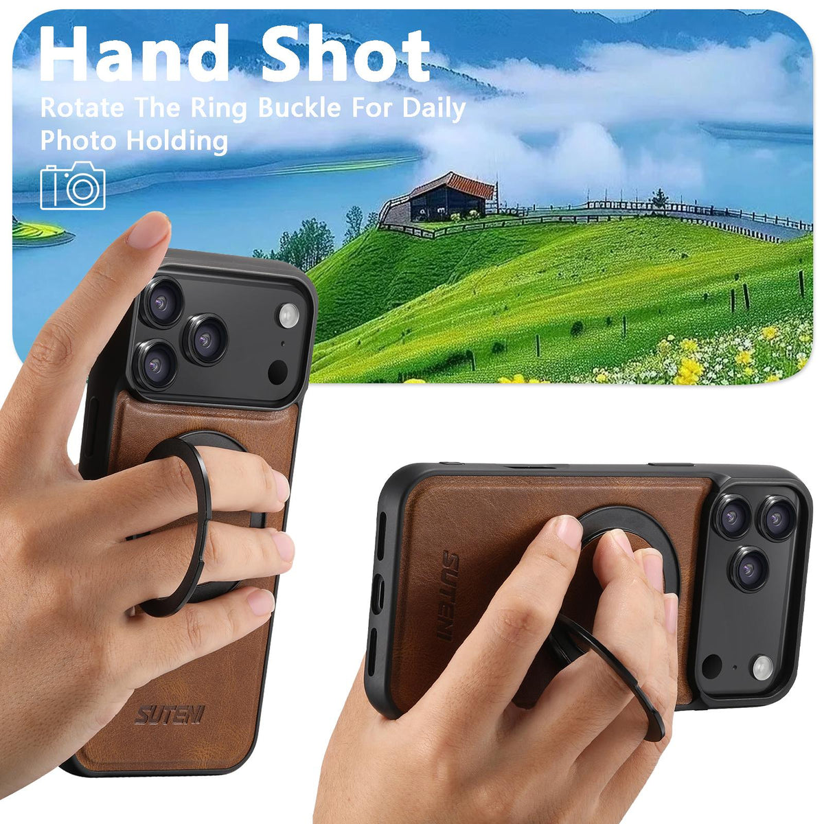 Compatible with iPhone 18 Pro Max Suteni G3 Oil Wax 360 Rotation Holder MagSafe Back Phone Case - Brown