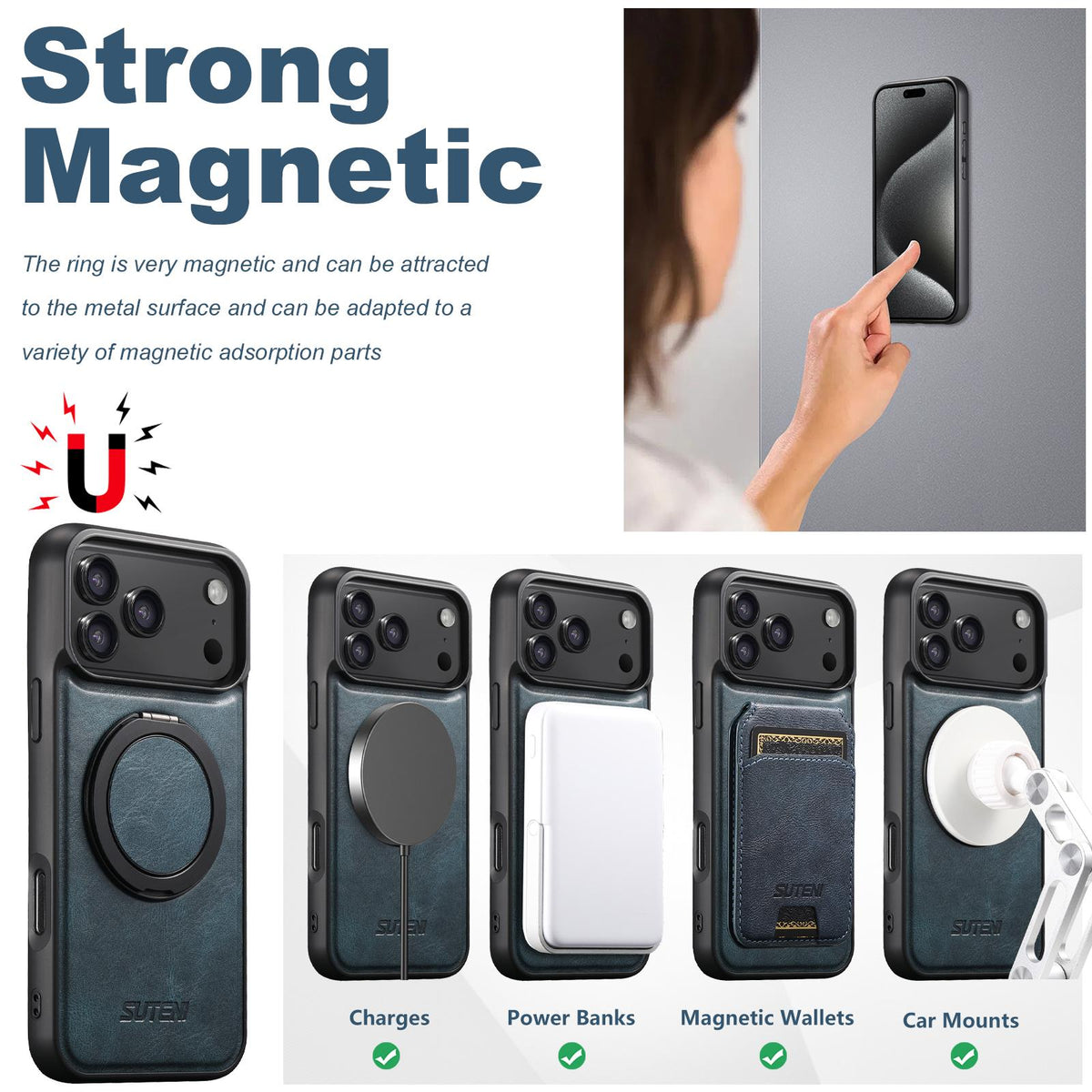 Compatible with iPhone 18 Pro Max Suteni G3 Oil Wax 360 Rotation Holder MagSafe Back Phone Case - Blue