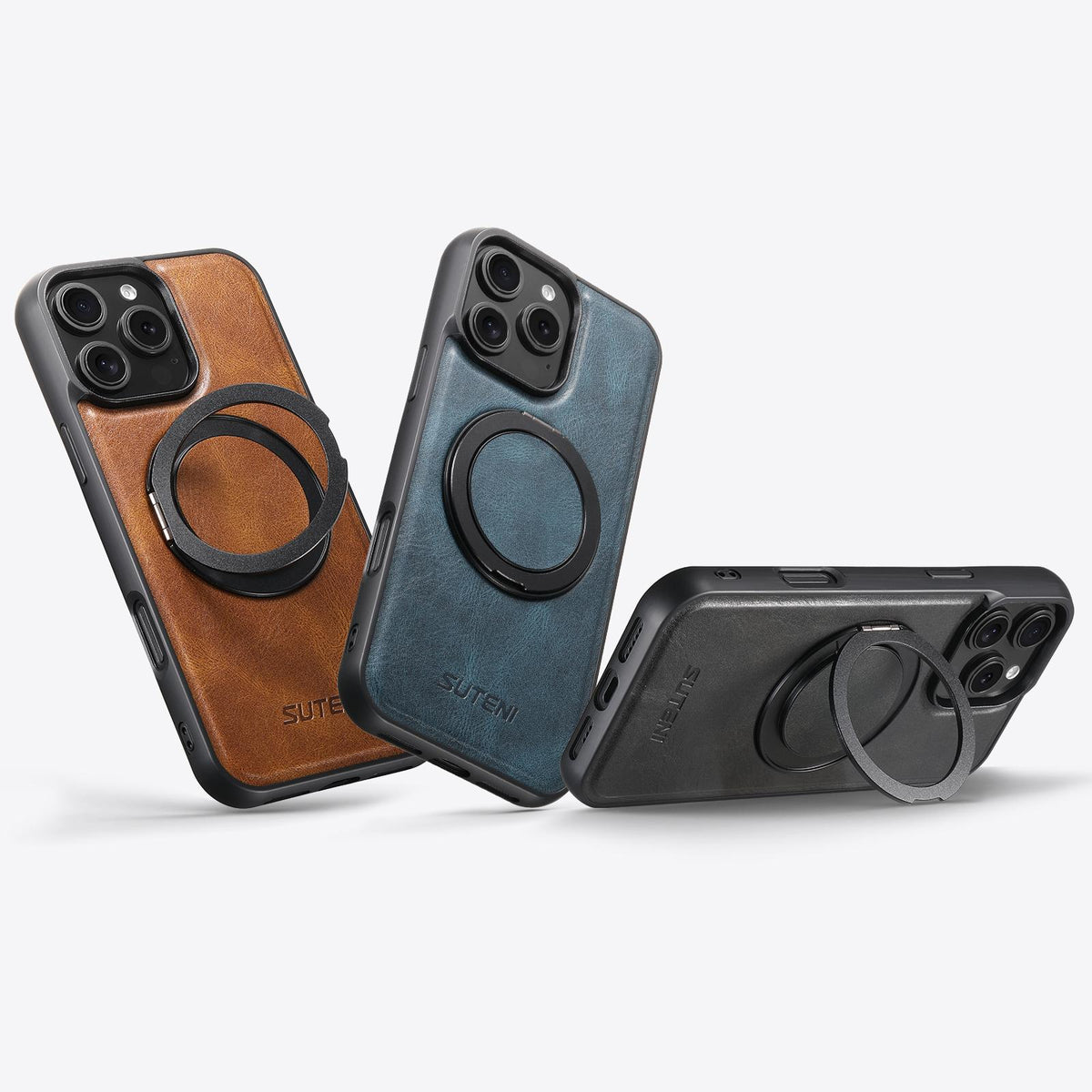 Compatible with iPhone 18 Pro Max Suteni G3 Oil Wax 360 Rotation Holder MagSafe Back Phone Case - Brown