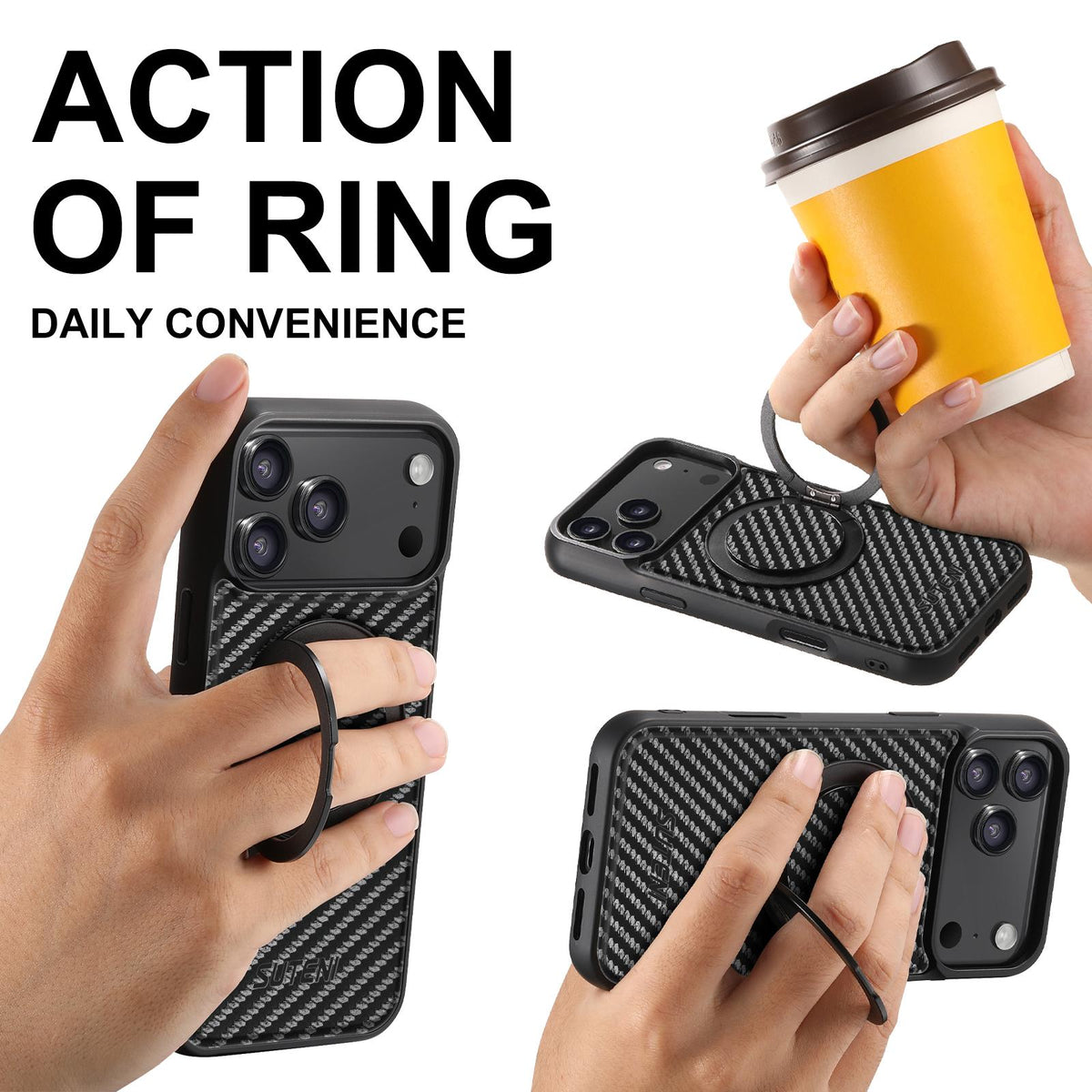 Compatible with iPhone 18 Pro Max Suteni G3 Carbon Fiber Leather 360 Rotation Holder MagSafe Phone Case - Black