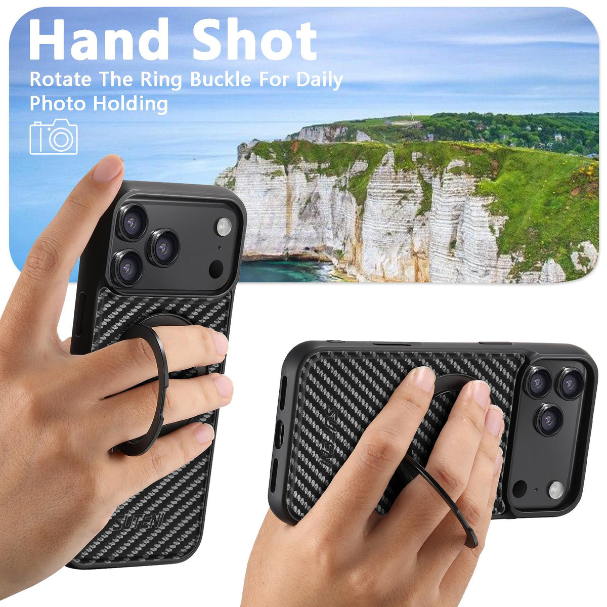 Compatible with iPhone 18 Pro Max Suteni G3 Carbon Fiber Leather 360 Rotation Holder MagSafe Phone Case - Black