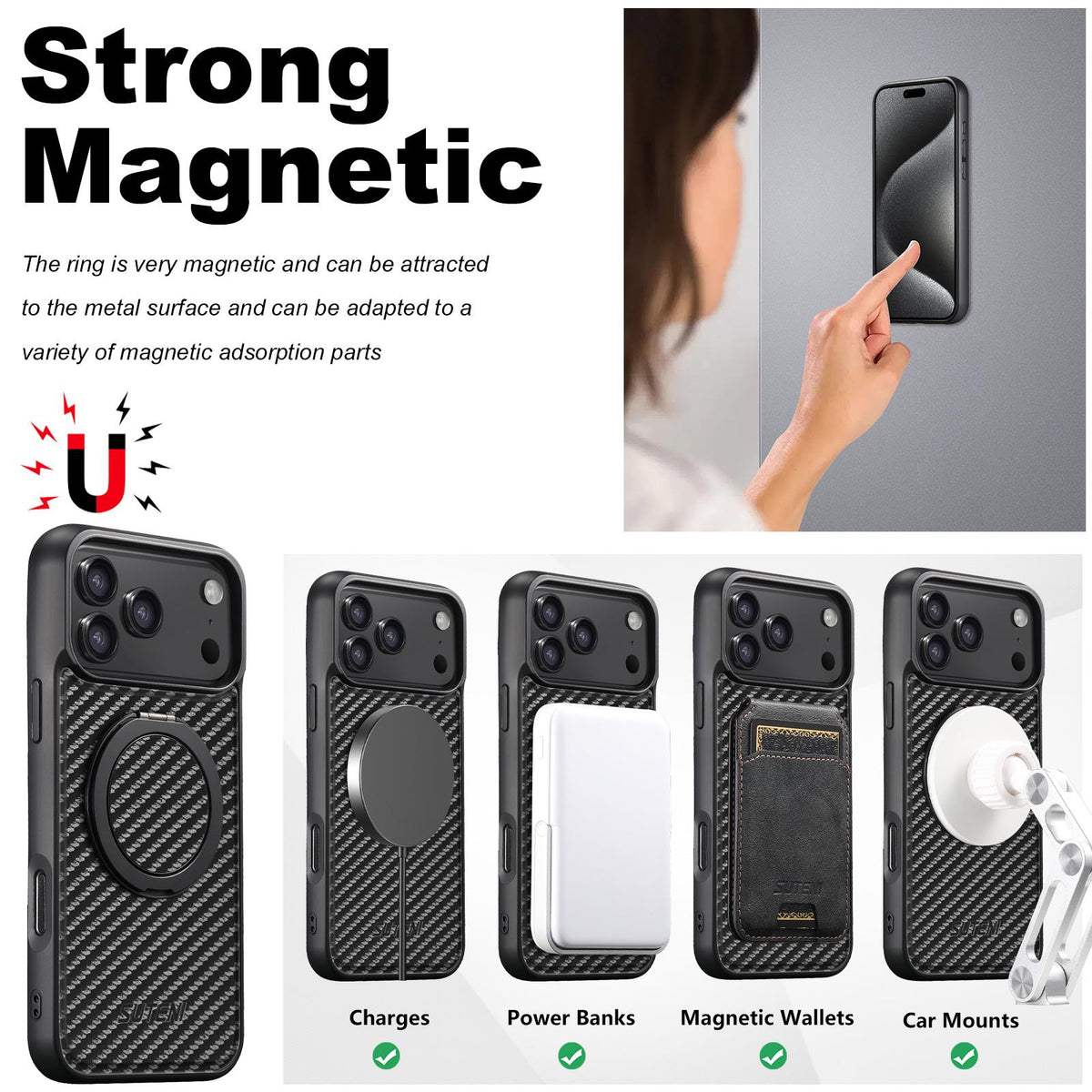 Compatible with iPhone 18 Pro Max Suteni G3 Carbon Fiber Leather 360 Rotation Holder MagSafe Phone Case - Black
