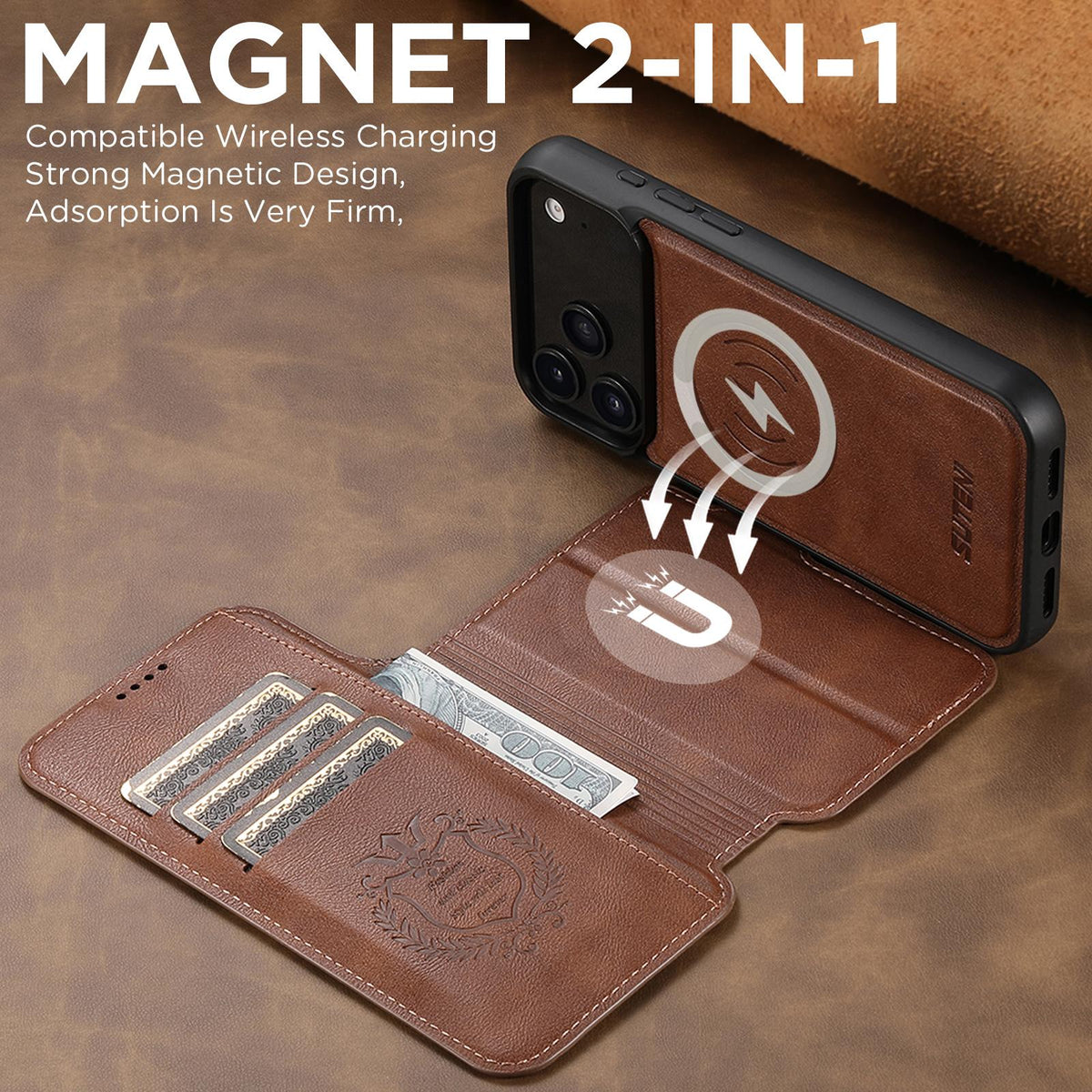 Compatible with iPhone 18 Pro Max Suteni Q05 2-in-1 Multi-function Detachable Wallet MagSafe Phone Case - Brown