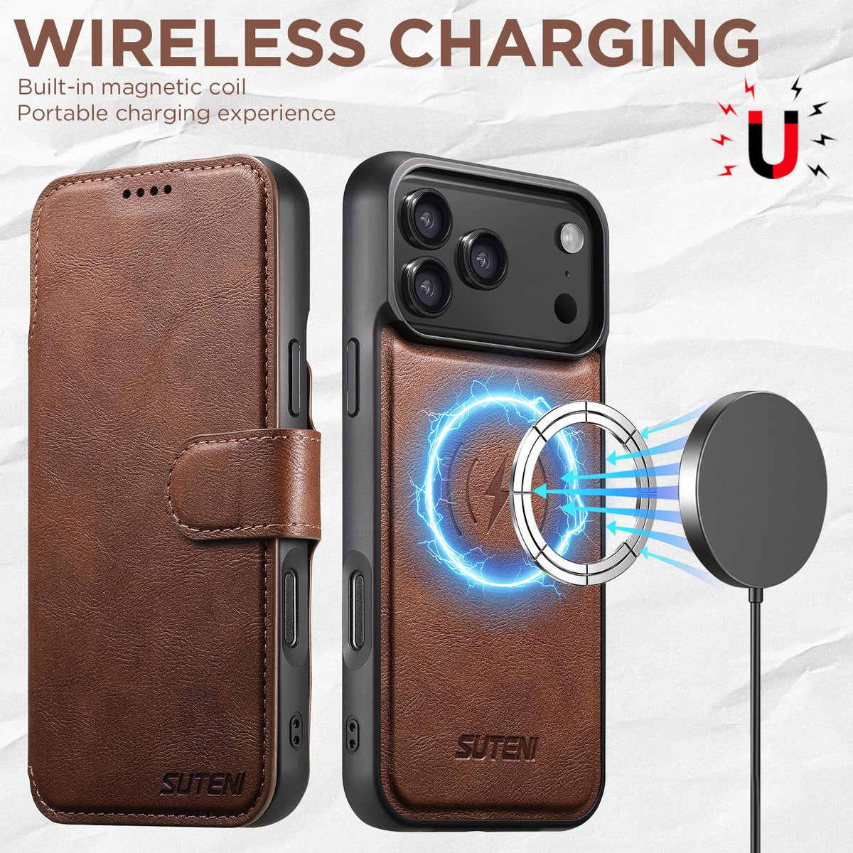 Compatible with iPhone 18 Pro Max Suteni Q05 2-in-1 Multi-function Detachable Wallet MagSafe Phone Case - Brown