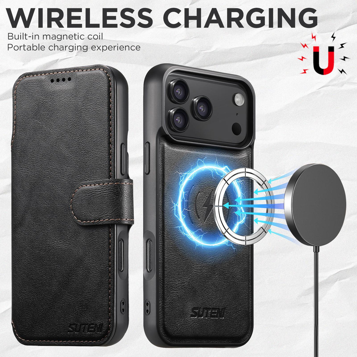Compatible with iPhone 18 Pro Suteni Q05 2-in-1 Multi-function Detachable Wallet MagSafe Phone Case - Black