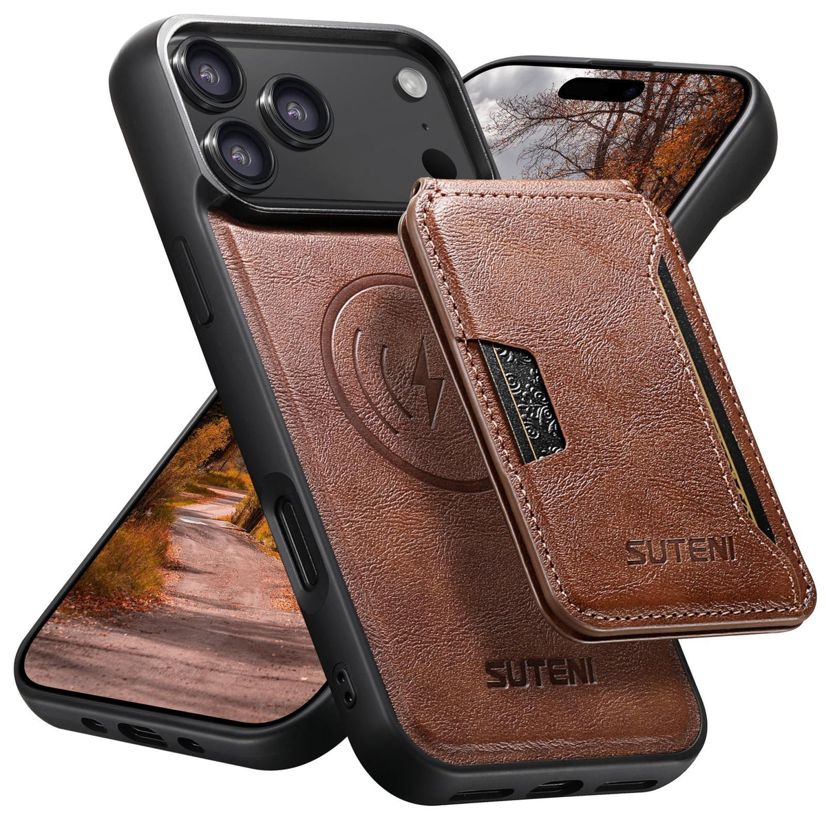 Compatible with iPhone 18 Pro Max Suteni M3 Card Bag MagSafe Cowhide Texture Leather Phone Case - Brown