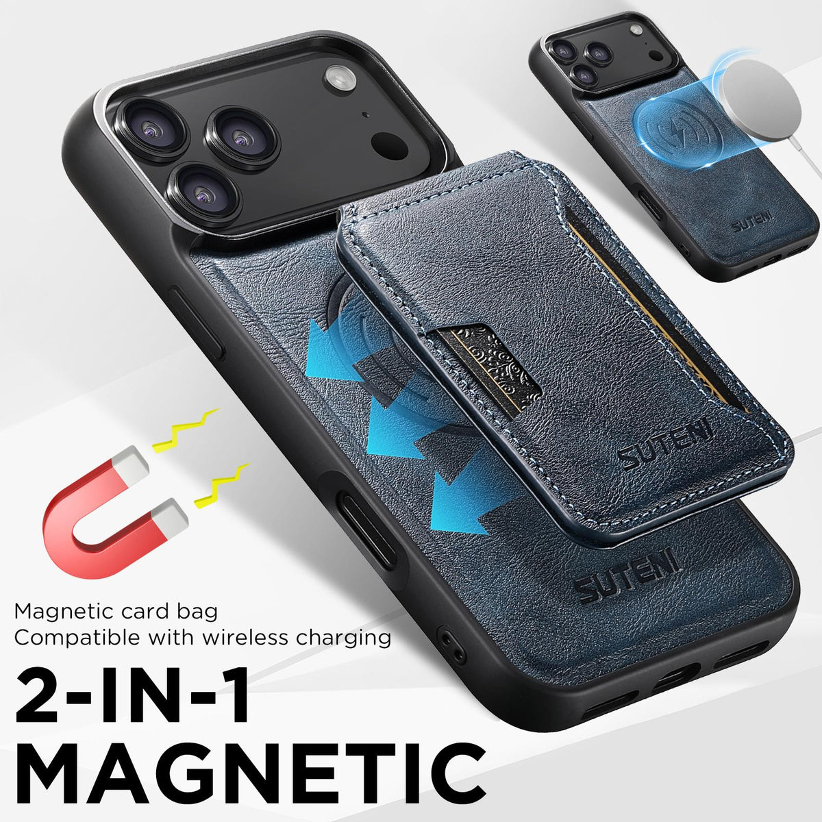 Compatible with iPhone 18 Pro Max Suteni M3 Card Bag MagSafe Cowhide Texture Leather Phone Case - Blue