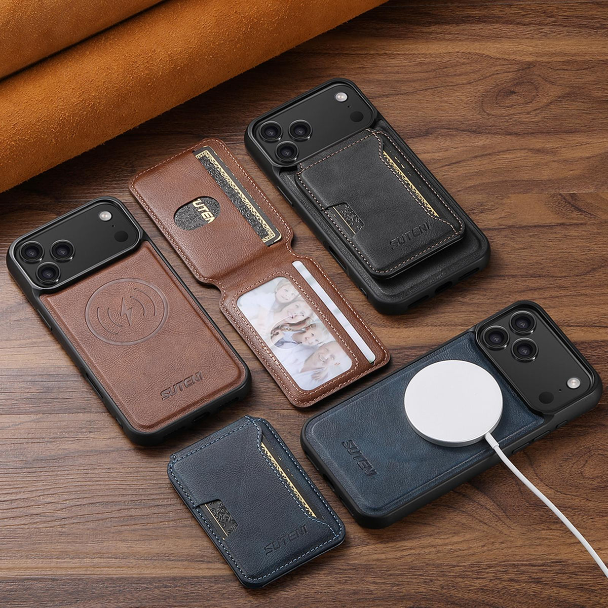Compatible with iPhone 18 Pro Max Suteni M3 Card Bag MagSafe Cowhide Texture Leather Phone Case - Brown