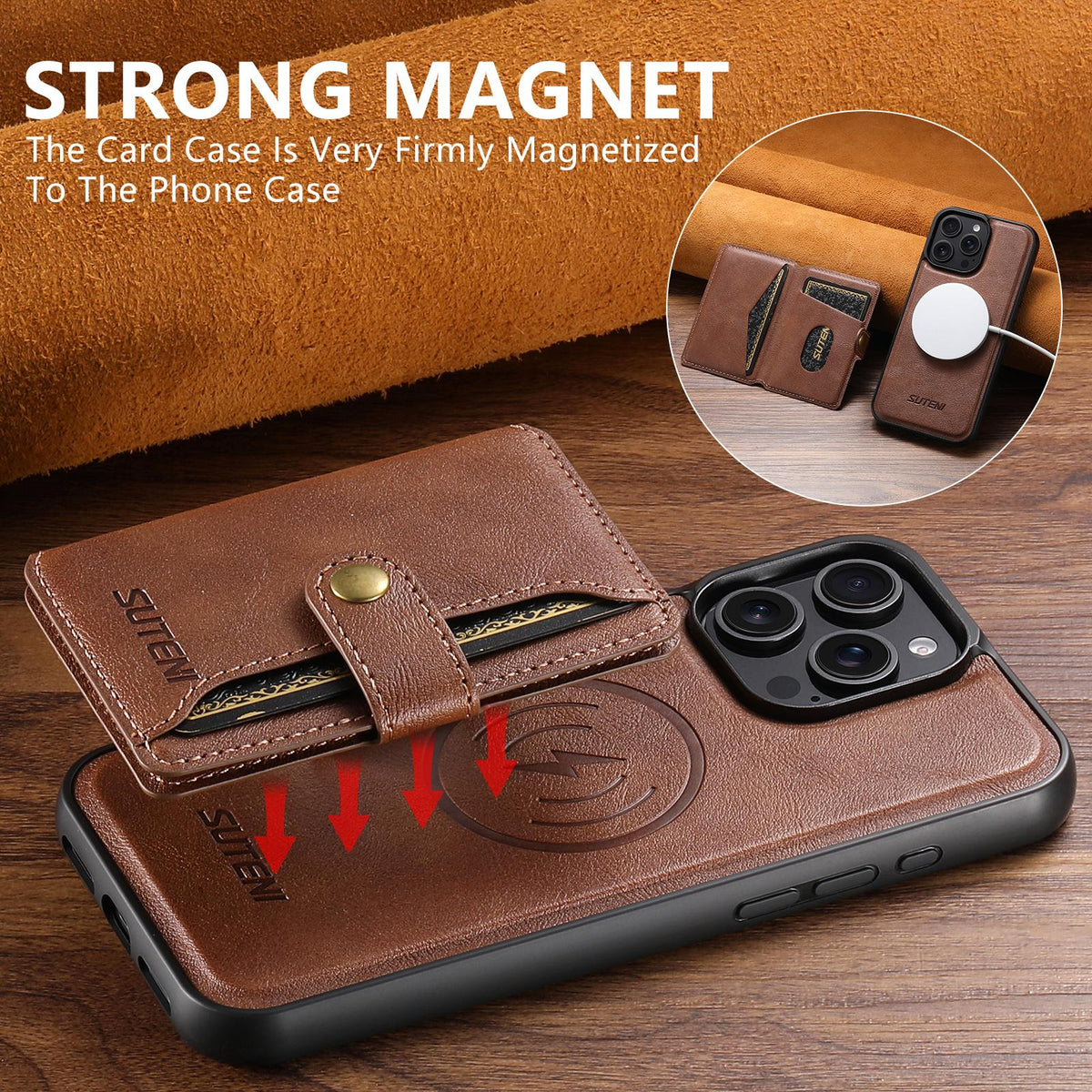 Compatible with iPhone 18 Pro Max Suteni M4 Magnetic Card Bag MagSafe Leather Phone Case - Brown