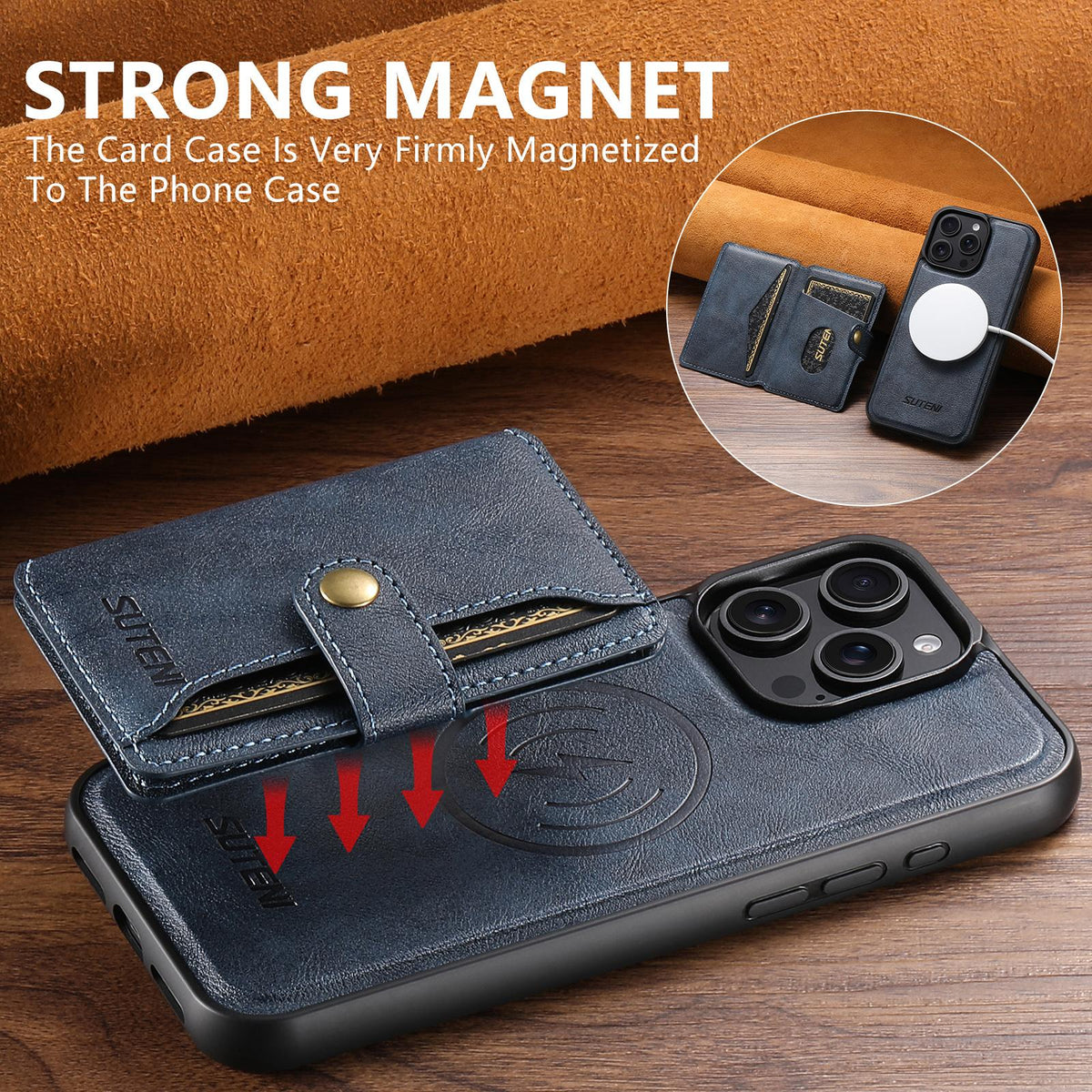Compatible with iPhone 18 Pro Max Suteni M4 Magnetic Card Bag MagSafe Leather Phone Case - Blue