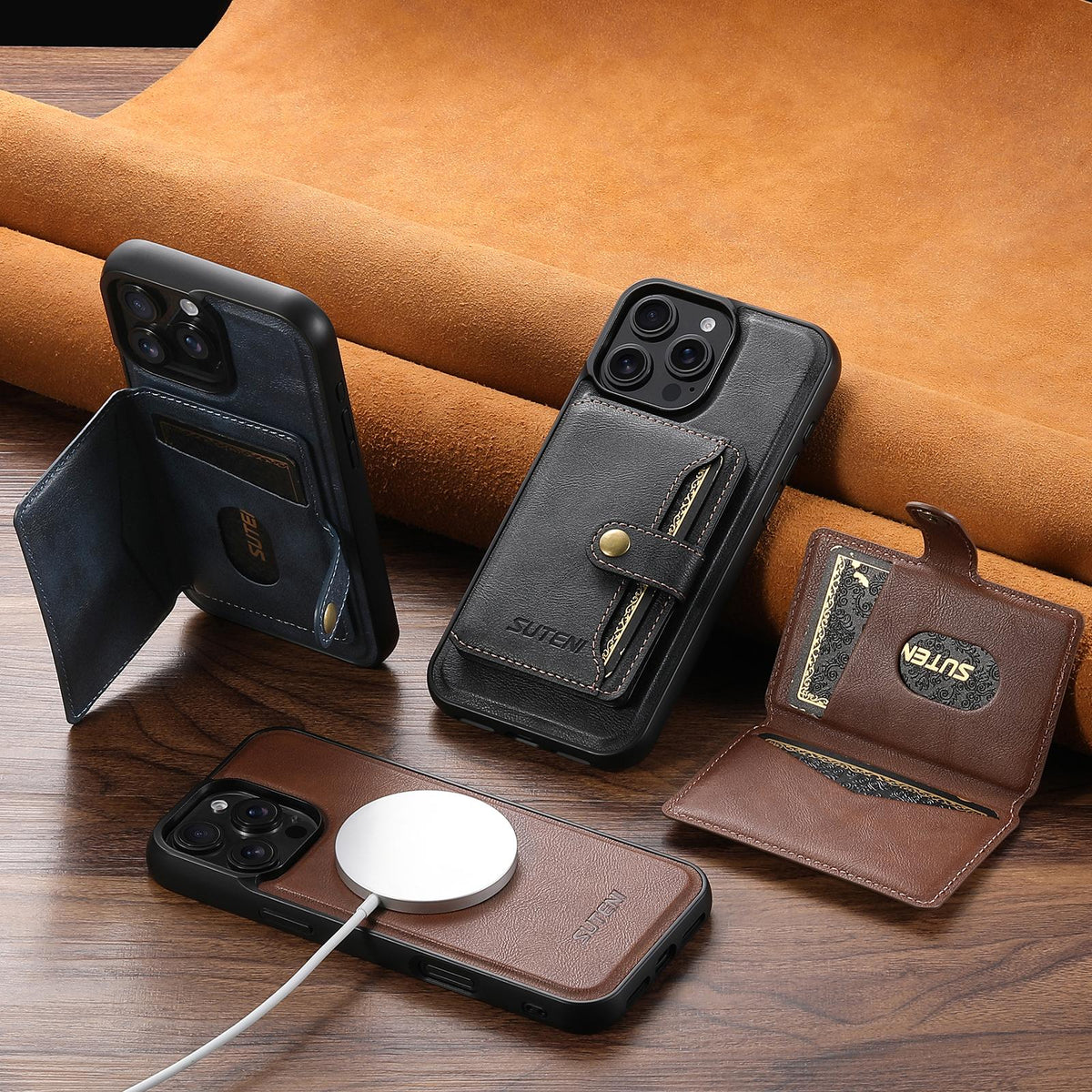 Compatible with iPhone 18 Pro Suteni M4 Magnetic Card Bag MagSafe Leather Phone Case - Brown
