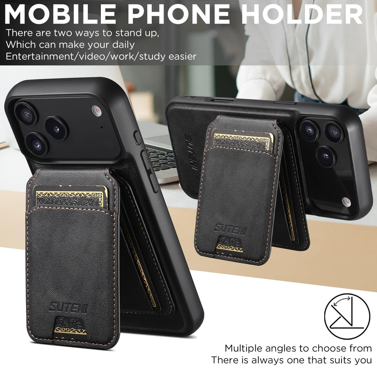 Compatible with iPhone 18 Pro Max Suteni M5 Magnetic Card Bag MagSafe Cowhide Texture Leather Phone Case - Black