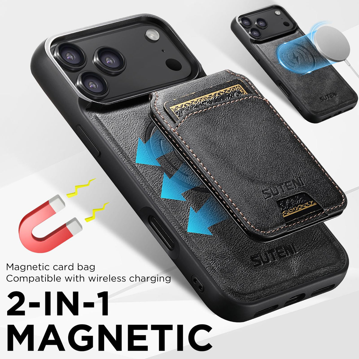 Compatible with iPhone 18 Pro Max Suteni M5 Magnetic Card Bag MagSafe Cowhide Texture Leather Phone Case - Black