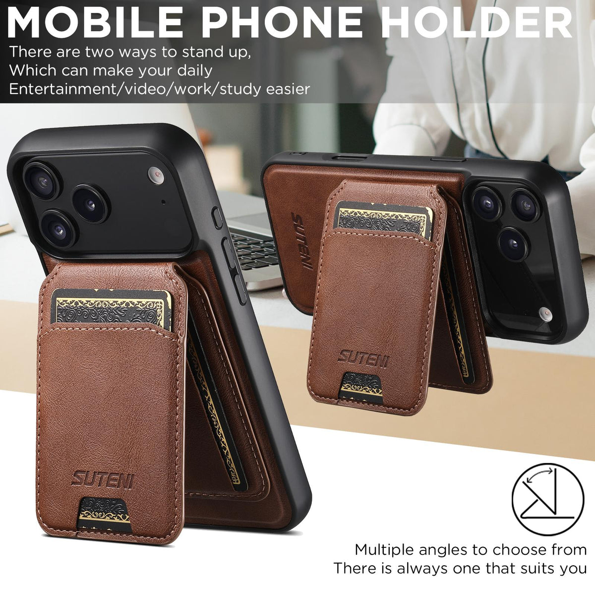Compatible with iPhone 18 Pro Max Suteni M5 Magnetic Card Bag MagSafe Cowhide Texture Leather Phone Case - Brown