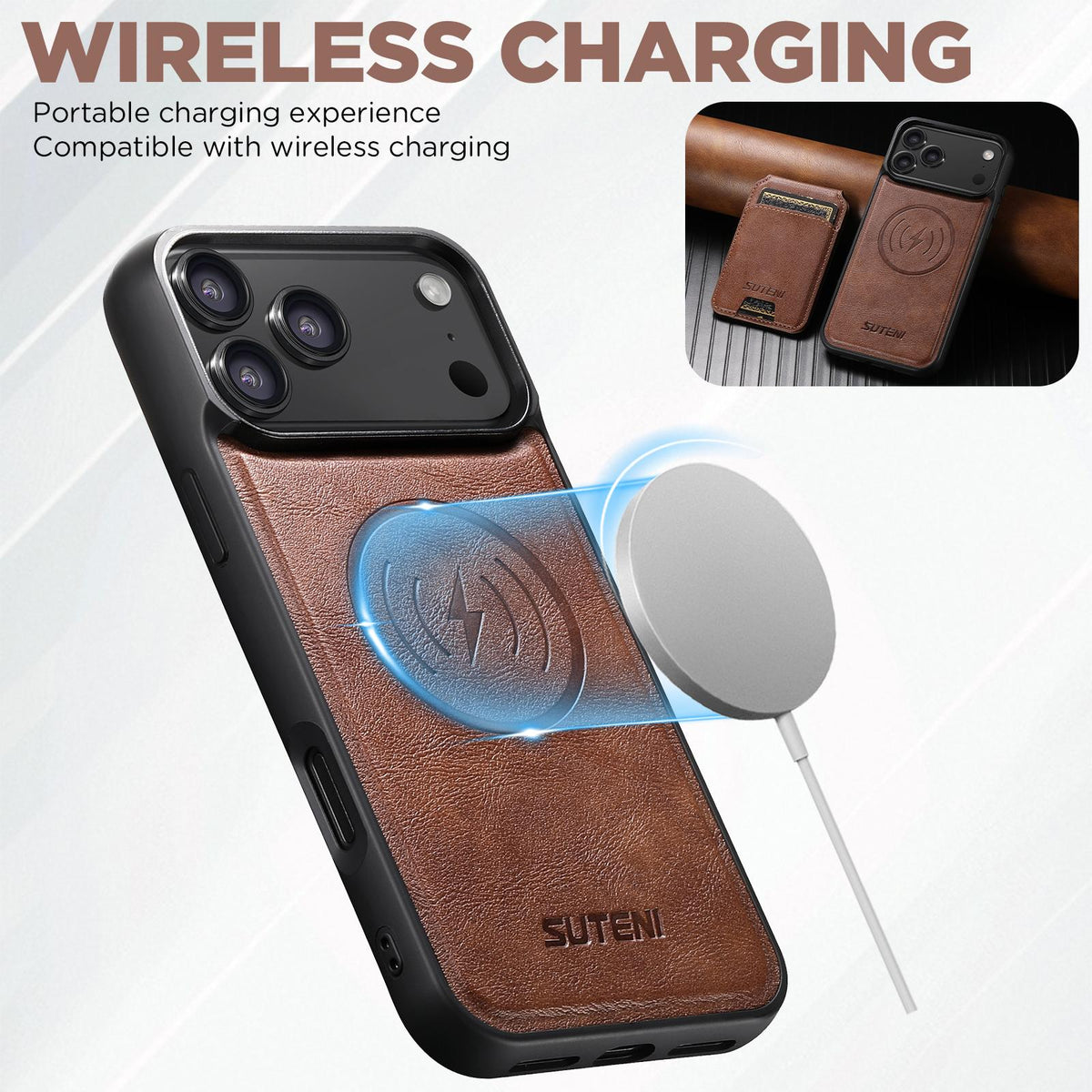 Compatible with iPhone 18 Pro Max Suteni M5 Magnetic Card Bag MagSafe Cowhide Texture Leather Phone Case - Brown