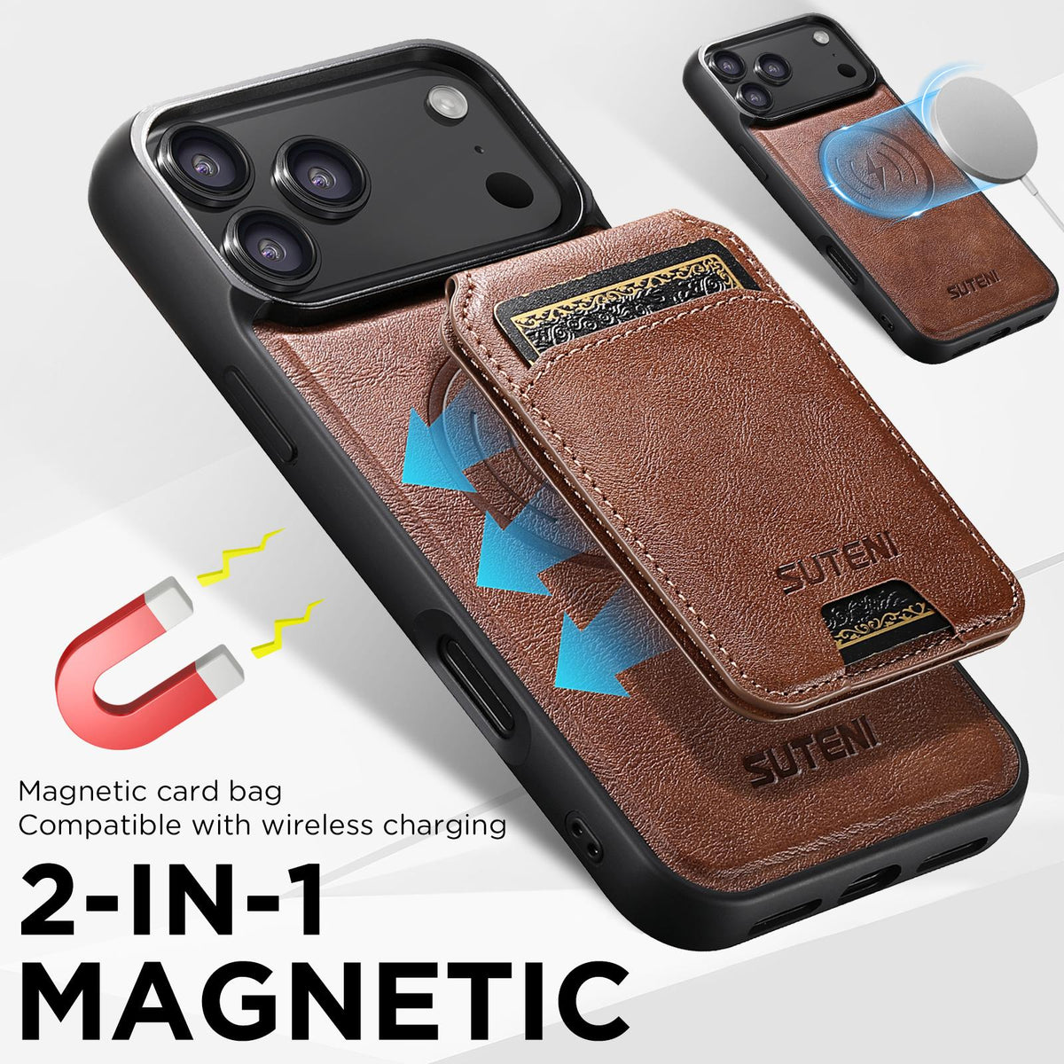 Compatible with iPhone 18 Pro Max Suteni M5 Magnetic Card Bag MagSafe Cowhide Texture Leather Phone Case - Brown