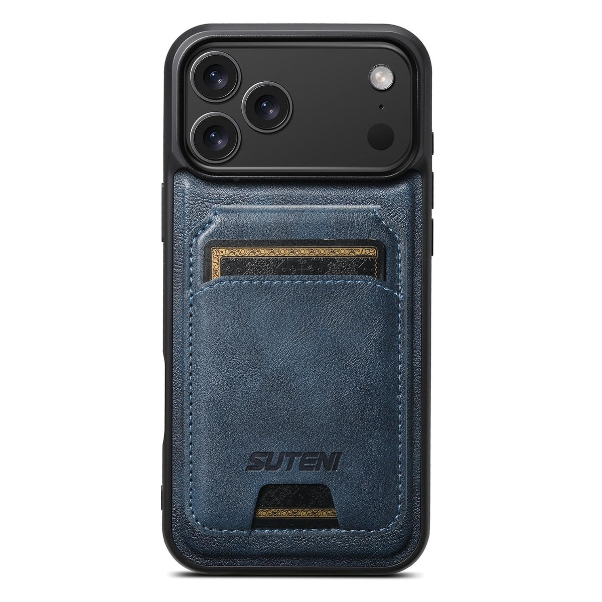 Compatible with iPhone 18 Pro Suteni M5 Magnetic Card Bag MagSafe Cowhide Texture Leather Phone Case - Blue
