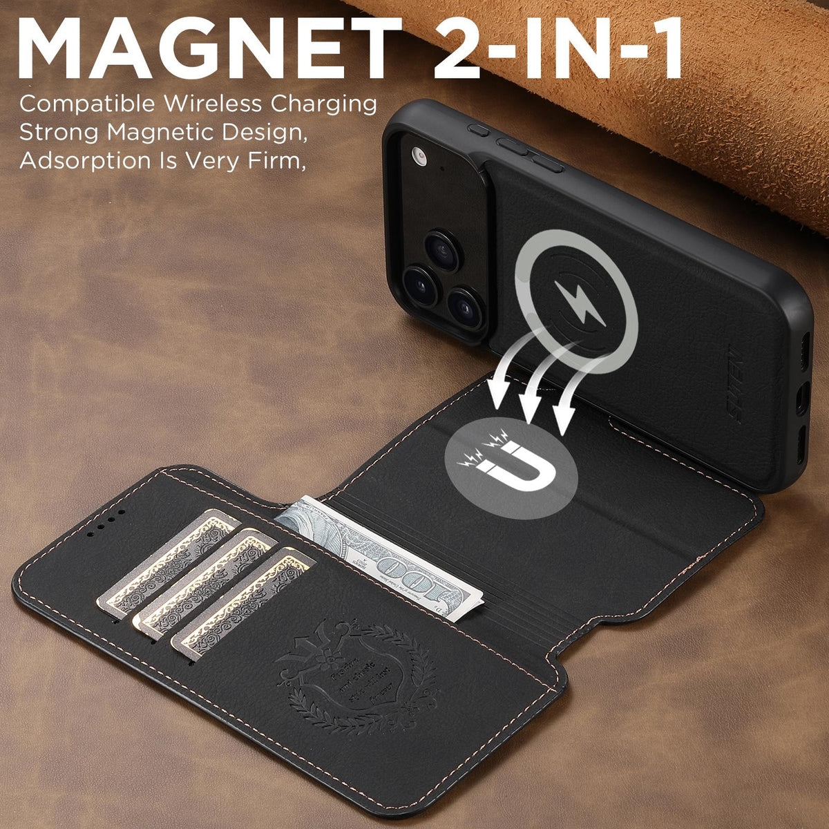 Compatible with iPhone 18 Pro Max Suteni Q05 2-in-1 Multi-function MagSafe Wallet Litchi Leather Phone Case - Black