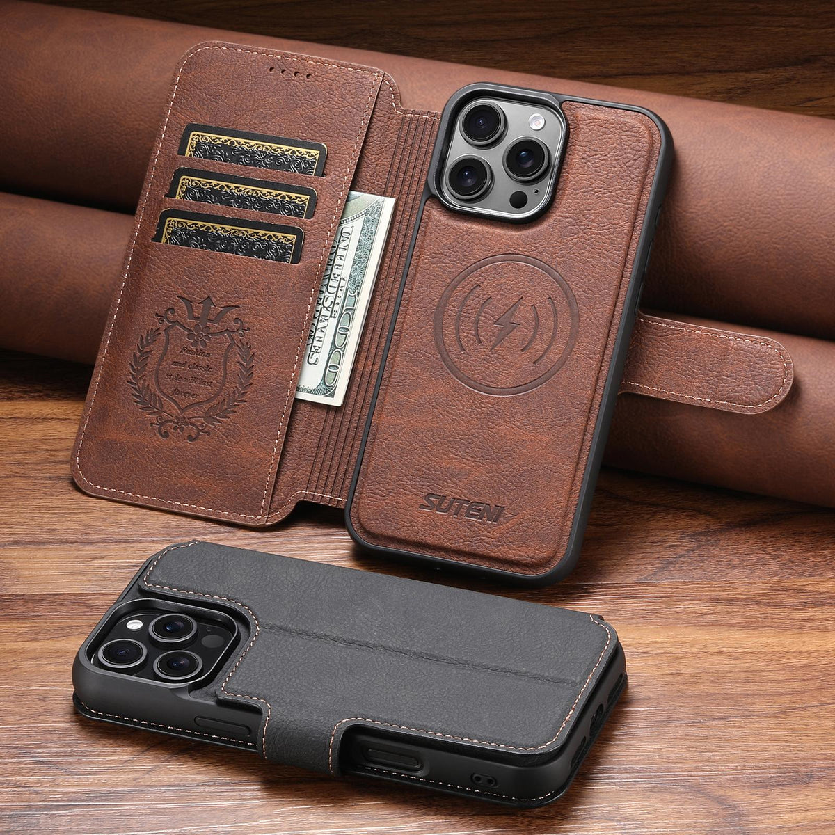 Compatible with iPhone 18 Pro Max Suteni Q05 2-in-1 Multi-function MagSafe Wallet Litchi Leather Phone Case - Brown