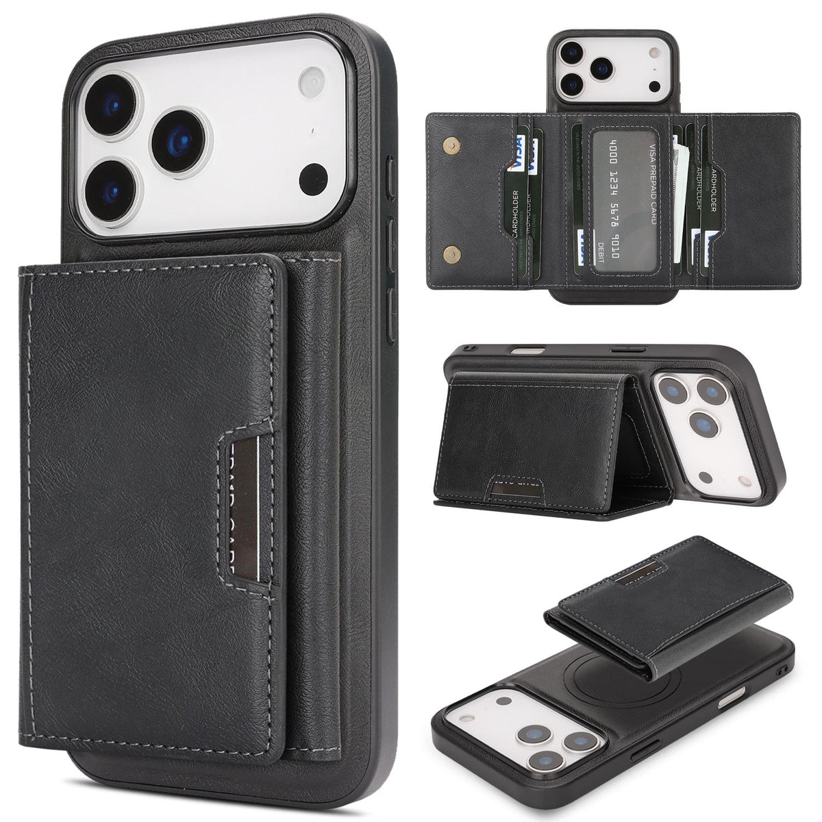 Compatible with iPhone 18 Pro Max Kalebol Strong Magnetic MagSafe Tri-Fold Wallet Leather Phone Case - Black