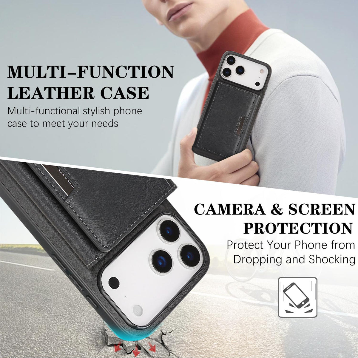 Compatible with iPhone 18 Pro Max Kalebol Strong Magnetic MagSafe Tri-Fold Wallet Leather Phone Case - Black