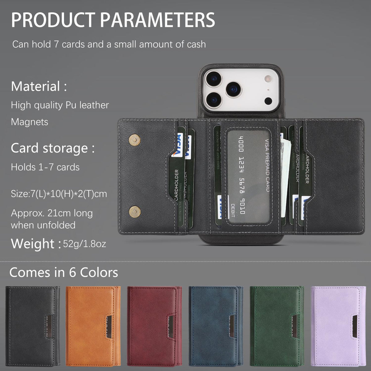 Compatible with iPhone 18 Pro Max Kalebol Strong Magnetic MagSafe Tri-Fold Wallet Leather Phone Case - Black