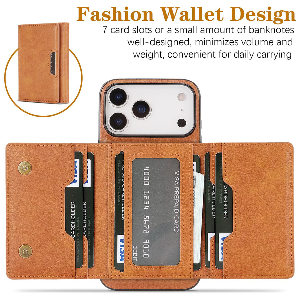 Compatible with iPhone 18 Pro Max Kalebol Strong Magnetic MagSafe Tri-Fold Wallet Leather Phone Case - Brown